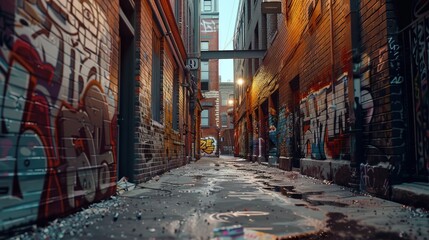 Detailed graffiti art covering the walls of a wet and dimly lit urban alleyway, reflecting the raw expression of urban creativity and the pulse of city life.