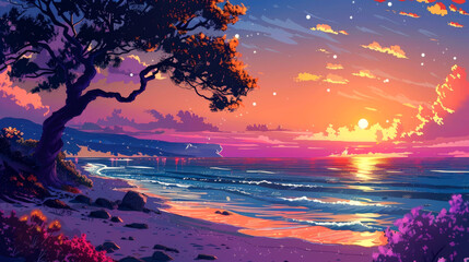 landscape sunrise or sunset on the wide beach style anime