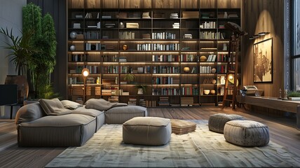 a beautiful library with a beautiful collection of books, a place where you can read and study in peace. AI generated image