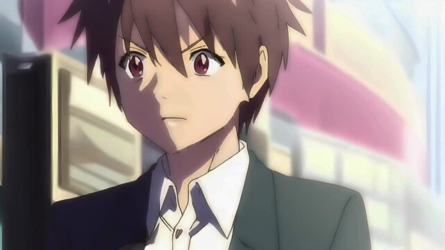 A young boy with a determined expression is running in an urban setting in an anime style