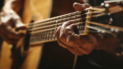 Close-up of an Elderly Hand Playing an Acoustic Guitar
