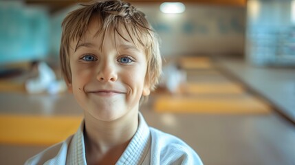 A young boy with blue eyes, dressed in a white karate uniform, smiles innocently. The dojo background conveys his training dedication and marks an early milestone in his martial arts journey.