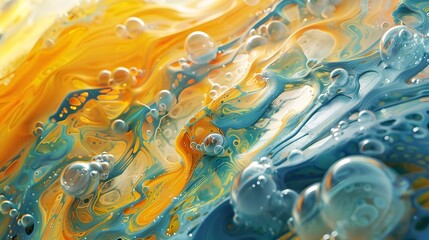Captivating Liquid Acid Texture Swirling Bubbles of Vibrant Blue and Yellow Hues