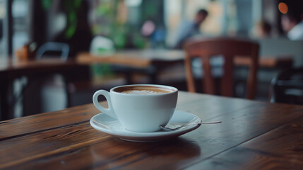 Fototapeta premium A white coffee cup sits on a wooden table with a saucer underneath it