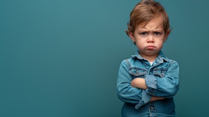 Angry child standing with arms crossed, looking defiant. Isolated on white background with space for text. Ideal for concepts of childhood emotions, defiance, and attitude.