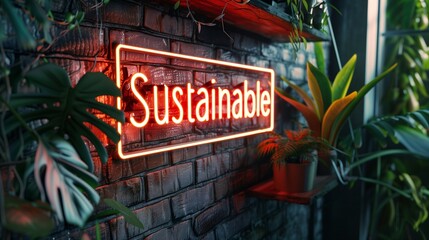 Fluorescent neon tube sign on brickwork with Sustainable written in bright, glowing letters, highlighting eco-friendly and green living concepts.