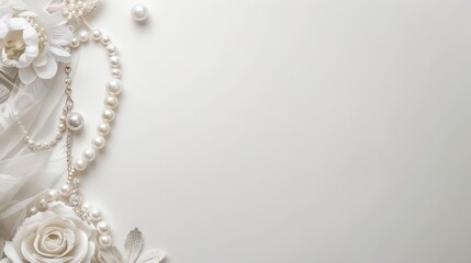 A white background with a string of white pearls, white roses, and white feathers arranged on the left side of the image