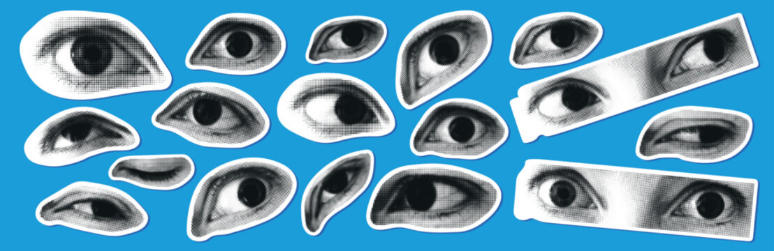 Art eyes stickers vector illustration. Retro halftone texture eye