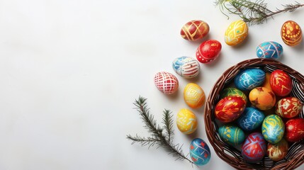 Fototapeta premium Easter eggs are scattered around a woven basket filled with colorful eggs