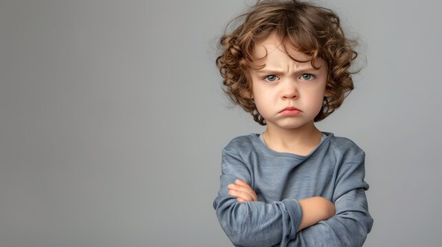 An angry little boy stands with a furious expression, arms crossed. The background is plain, providing ample space for copy text.