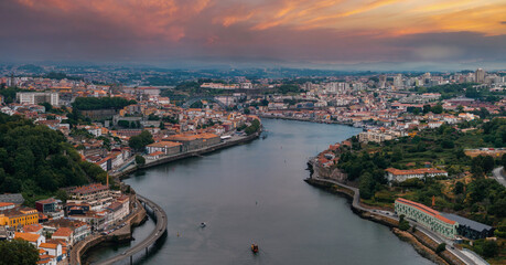 Aerial view of the European city Porto with Luis I Bridge over Douro river in Portugal, aerial view. Panoramic aerial view of Dom Luis Bridge in Porto