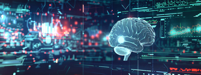 A 3D rendered digital brain, glowing with holographic charts and graphs, represents the advancements in medical research and artificial intelligence