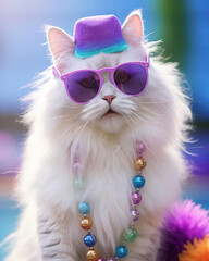A white cat adorned with sunglasses, a small hat, and a beaded necklace strikes a fashionable pose
