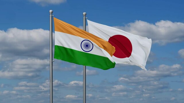 Japan and India flags flying together, video concept of the relationship, two country relations concept