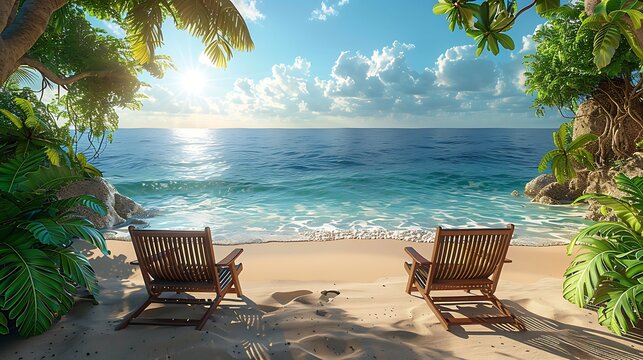 Tranquil retirement party invitation featuring an open area island resort with beach chairs with a writing space on the right side for retirement wishes and celebration details