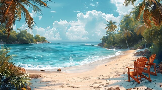 Tranquil retirement party invitation featuring an open area island resort with beach chairs with a writing space on the right side for retirement wishes and celebration details