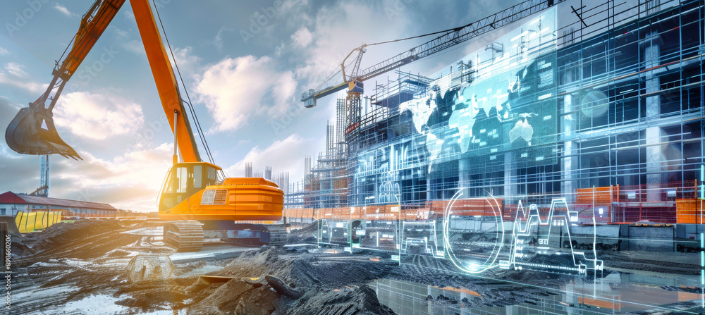 Poster construction equipment busy on site with digital screen showcasing charts and graphs in augmented re