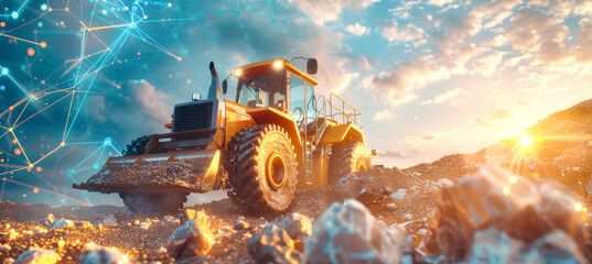 A yellow wheel loader, working in a quarry, is depicted with a futuristic data visualization overlay