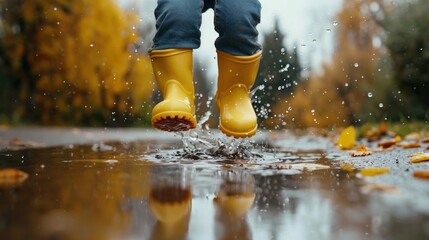 Closeup of Feet of child in yellow rubber boots jumping over a puddle in the rain outdoors with water splash