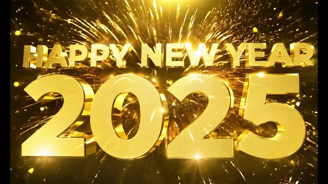 Happy New Year 2025. Fireworks, Happy New Year text and 2025 on a dark background. 