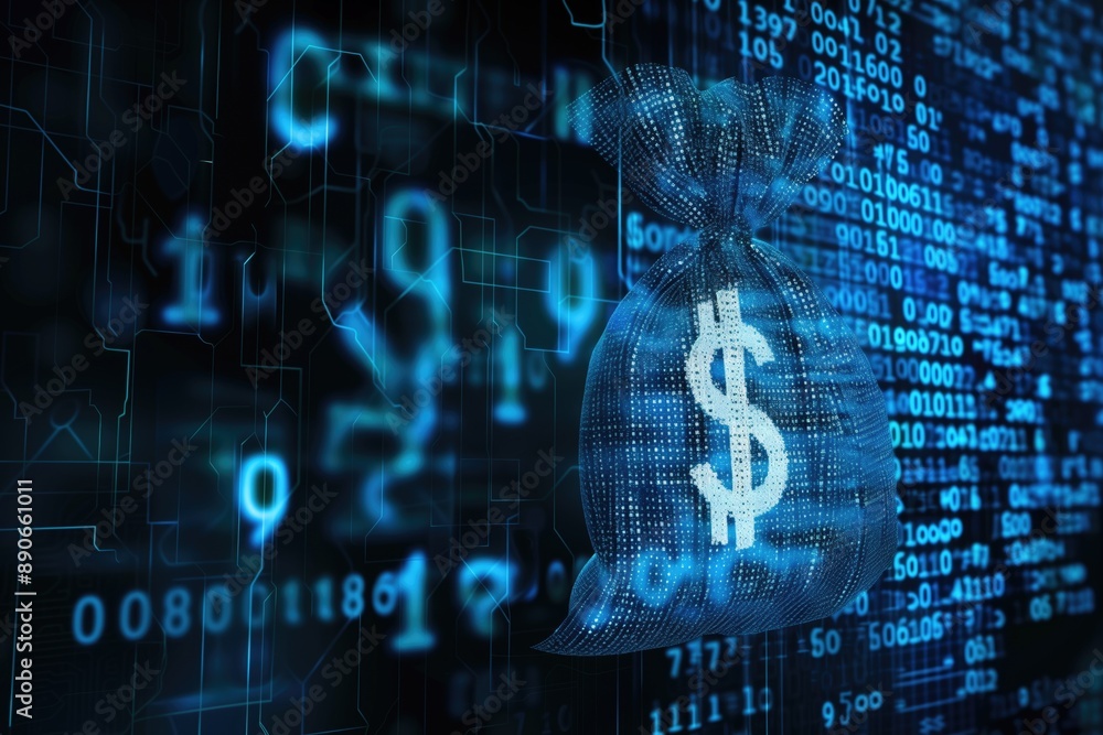 Poster digital moneybag with dollar sign against blue data network and binary code background. fintech, dig