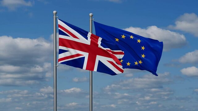 European Union and United Kingdom flags flying together, video concept of the relationship