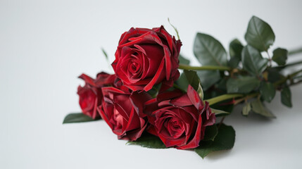 Naklejka premium beau bouquet de roses rouge en fleur avec feuilles vertes sur fond blanc