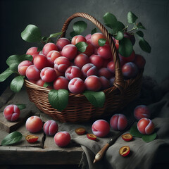 A basket of freshly picked plum realistic photo, Plum fruit basket full, GENERATIVE AI

