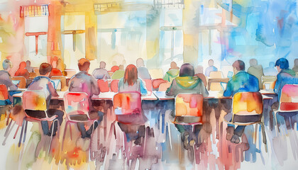 A group of students sit in a classroom with backpacks