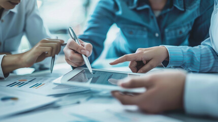 Human resources team evaluating job applications on tablets, planning the next steps in the hiring process