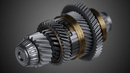 Shaft with gears from the gearbox isolated 3D Rendering.