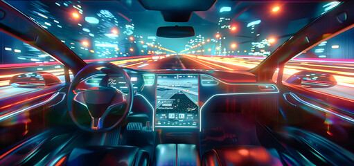 The interior of an electric car features futuristic displays that show real-time traffic data and green energy usage as it speeds along a highway at night