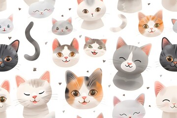 Seamless pattern with adorable cat faces and cute expressions on a white background.