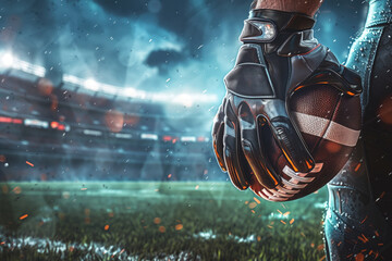 Close-up of a football player holding the ball in a stadium with dramatic lighting and sparks. Sports photography, American football, athleticism, competition, teamwork, excitement concept.