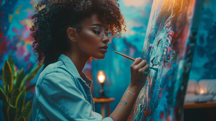 A Artistic flair  beautiful young woman in full body portrait lion- female artist painting Reveals glamor and style in a dark and modern environment.-1