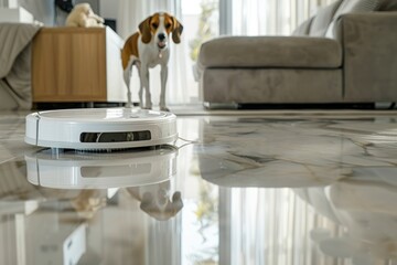 Close-up and bottom view of a white wireless futuristic vacuum hoover cleaning machine robot on a white marble