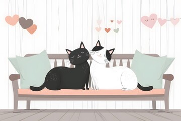 Adorable black and white cats cuddling on a cozy bench with a heart-filled backdrop.