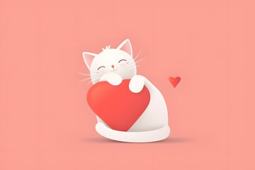 White cartoon cat hugging red heart on pink background, symbolizing love and affection