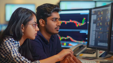 Male and female financial consultants from India, engaging in a comprehensive study of stock market dynamics