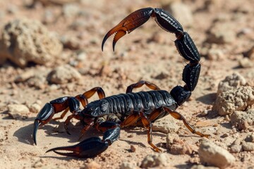 Closeup and side view of a black and orange aggressive scorpion in defensive position with its stinger full of poison