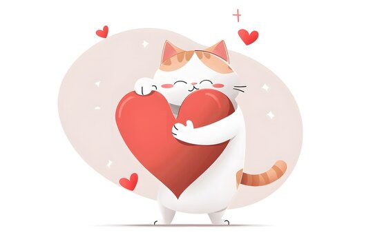 Cartoon cat hugging a big red heart with smaller hearts, symbolizing love and affection