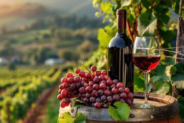 Fototapeta premium Close-up of a bottle of red wine, glass of red wine, bunch of ripe red grapes above an old wooden barrel