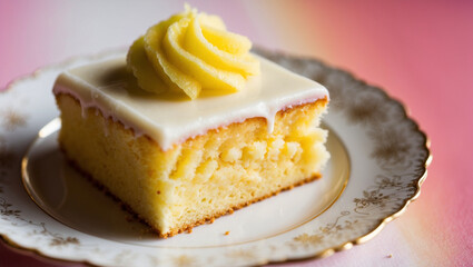 A Slice of Yellow Cake with Lemon Frosting on an Ornate Plate