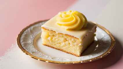 A Slice of Yellow Cake with Lemon Frosting on an Ornate Plate