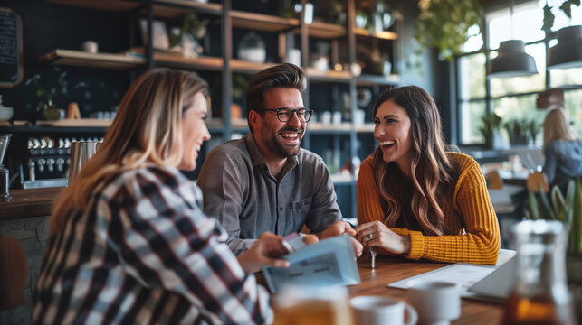 Productive Meeting in a Modern Café. Three young professionals engaged in a lively discussion over coffee in a modern café. The atmosphere is warm and collaborative, with a mix of natural light and gr