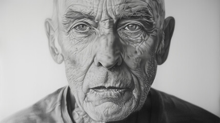 Highly detailed pencil drawing of an elderly man
