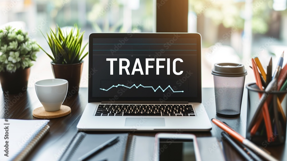 Poster a visual representation of website traffic, featuring graphs, charts, and digital analytics to illus