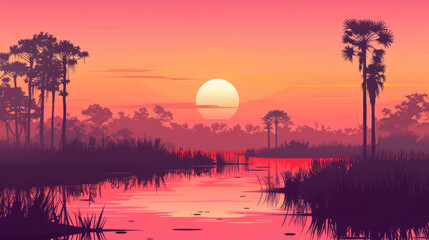 Everglades National Park, Florida during sunrise or sunset in minimal colorful flat vector art style illustration.  