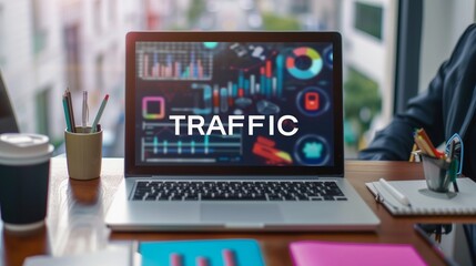 A laptop screen displaying the text Website Traffic with graphs and charts, symbolizing traffic analysis and user research for an online shop.