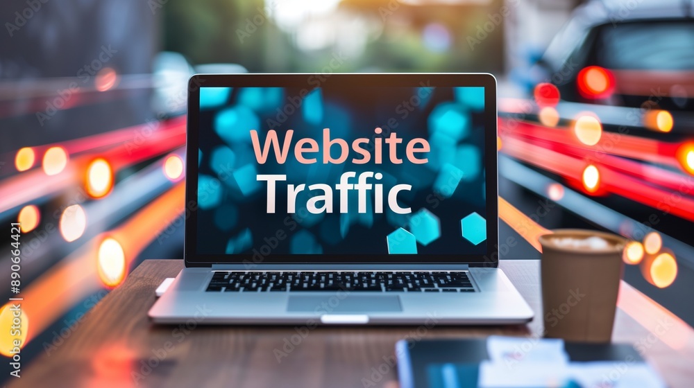 Aufkleber close-up of a laptop displaying the word traffic on the screen, symbolizing digital marketing and se